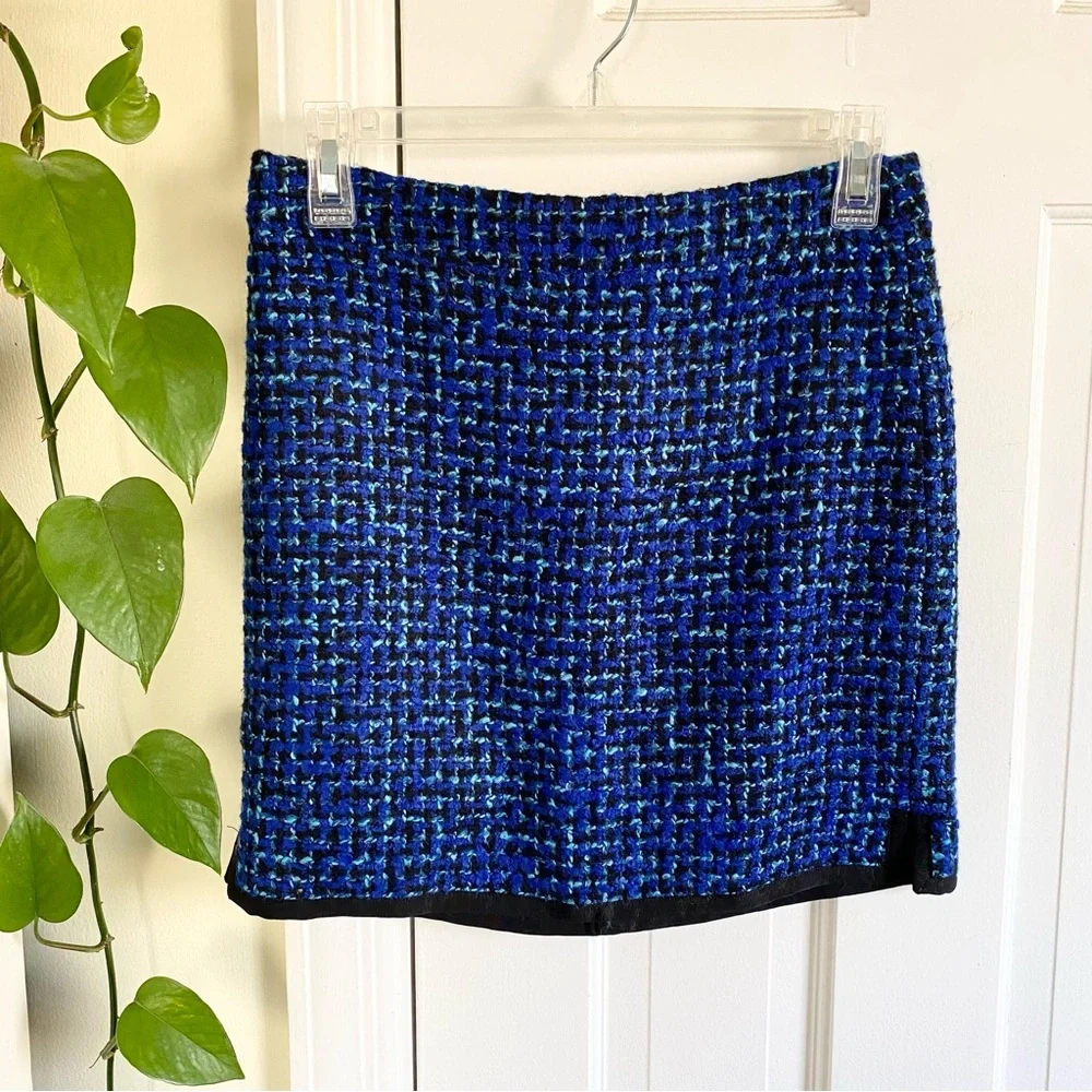 J Crew Postage Stamp Blue Tweed Wool Lined Mini Skirt, Women’s Size 00
